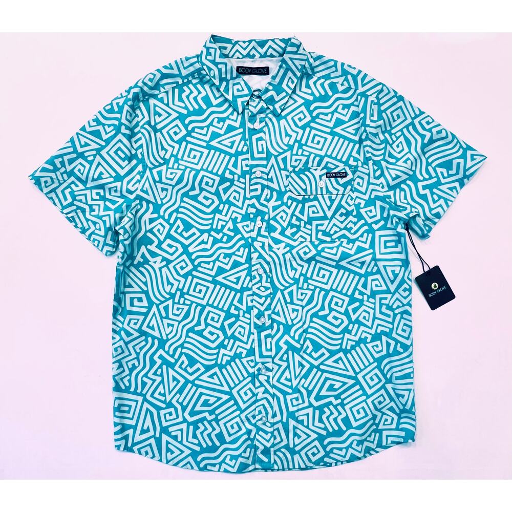 Men's Short Sleeve Button Up Shirt - Jade Geo Zig Zag - Size Med - NWT